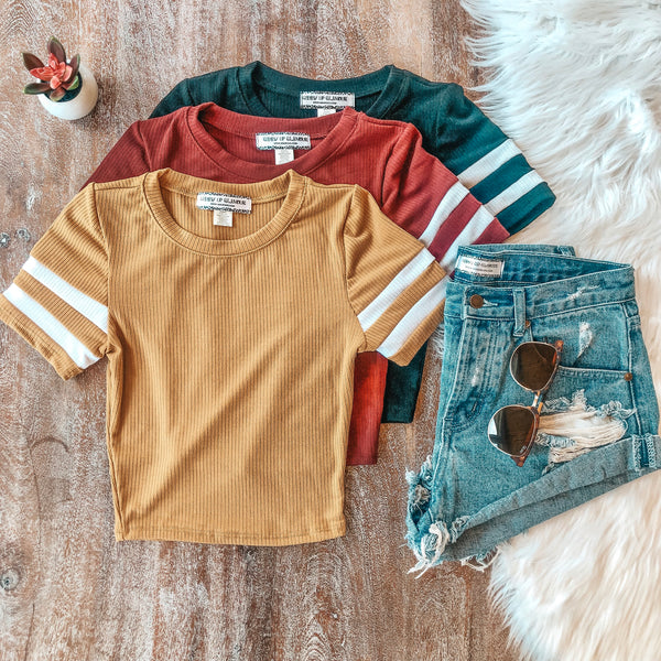 Varsity Girl Ribbed Jersey Crop Top in Mustard