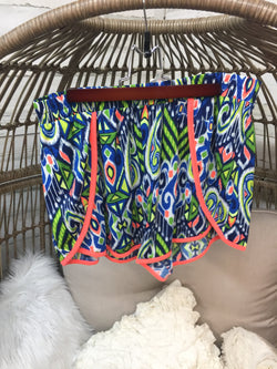 Blue and Navy Geometrical Print Shorts with Coral Trim