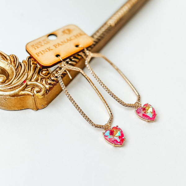 Pink Panache | Crystal Oval Outline Earrings with Fuchsia AB Crystal Heart Teardrops in Gold Tone