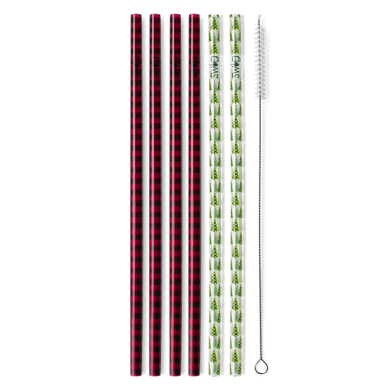 This is a pack of six straws with one cleaning brush, there are four red buffalo  plaid straws, and 2 with green trees. These items are taken on a white  background.