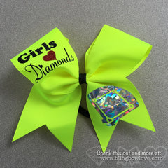 Girls Love Diamonds - Softball Bow - Neon Yellow - Bling Bow Love - 1