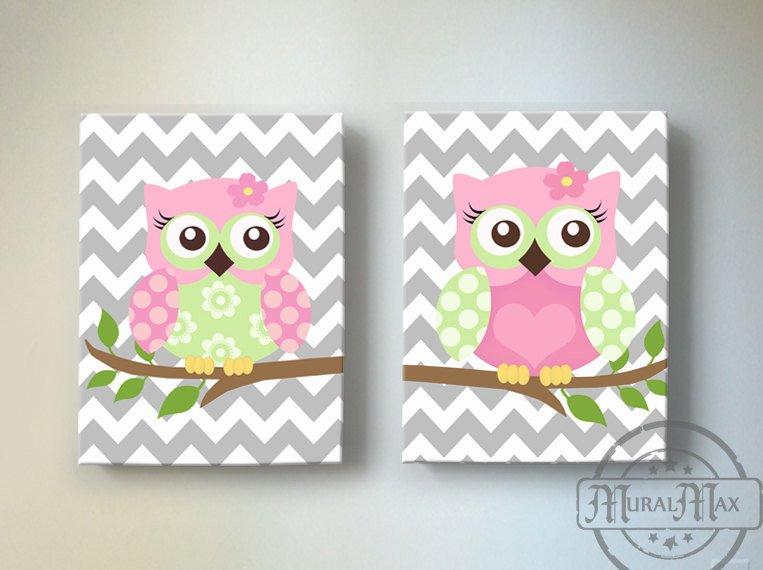 Chevron Owl Canvas Wall Art Toddler Girl Room Owl Set Of 2 Canvas Muralmax Interiors