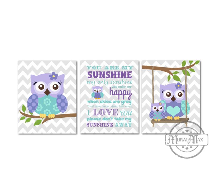 You Are My Sunshine Owl Purple Girls Nursery Decor CANVAS Wall Art Single Print 