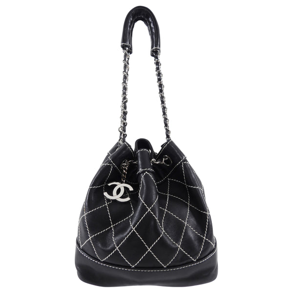 Chanel Vintage Black Wild Stitch Small Drawstring Bucket Bag