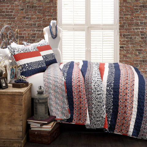 Boho Stripe Quilt in Navy/Orange by Lush Decor