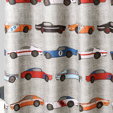 close up of race cars shower curtain by Lush Decor