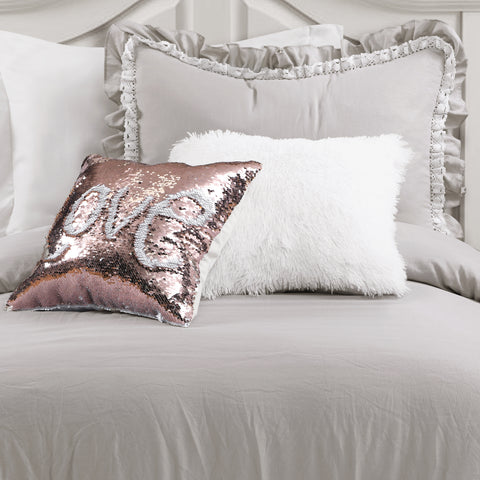 Ella Shabby Chic Ruffle Lace Comforter with Luca Fur and Mermaid Sequins Decorative Pillows