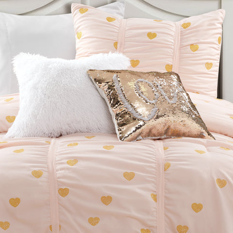 Distressed Metallic Heart Print Comforter with Luca Faux Fur Pillow and Mermaid Sequins Pillow