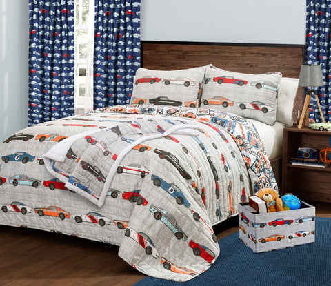 Race Cars Quilt Set, Curtains, Throw and Storage
