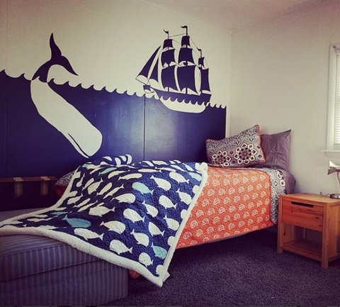 Whale Throw Sherpa in Coastal Bedroom