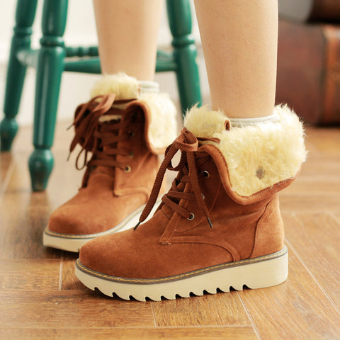PU Pure Color Round Toe Flat Heel Short Boots 9.5 Brown