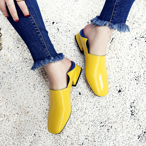 Head Layer Cowhide Mixed Color Square Toe Middle Block Heel Loafers 8.5 Yellow