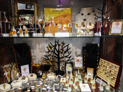 display cabinet of Baltic amber jewellery in Daylesford, Victoria