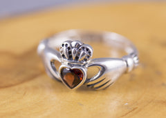 Sterling Silver and Natural Garnet Claddagh Ring