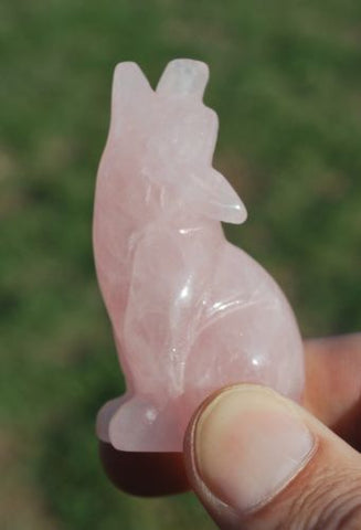 Sitting Howling Wolf Pink Rose Quartz Hand Carved Gemstone Animal Totem Stone