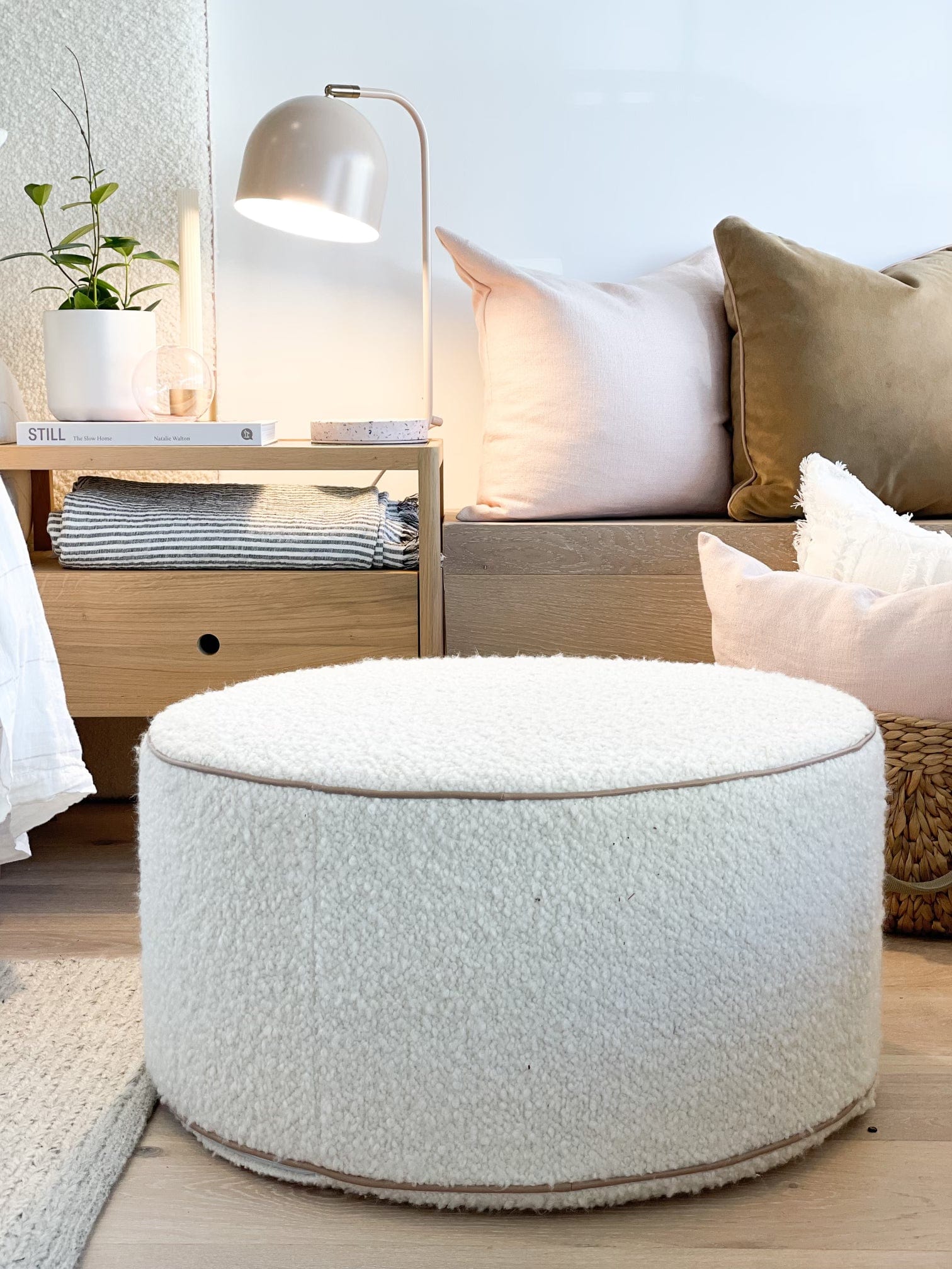 norsu Ottoman, Bouclé Ivory with Leather Piping (Various Sizes) (6299338375356)