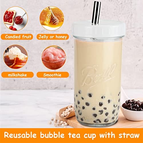 Boba Bubble Smoothie Cup Reg Mouth 24oz Glass Mason Jar Silver Straw and Lid 