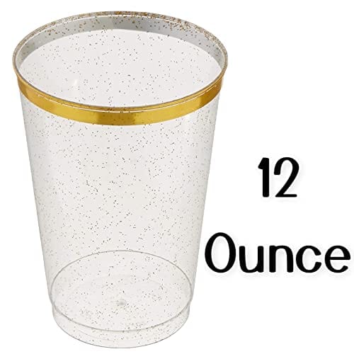 JL Prime 100 Rose Gold Glitter Plastic Cups, 9 oz Heavy Duty Reusable Disposable Rose Gold Glitter Clear Plastic Cups, Old Fashioned Tumblers