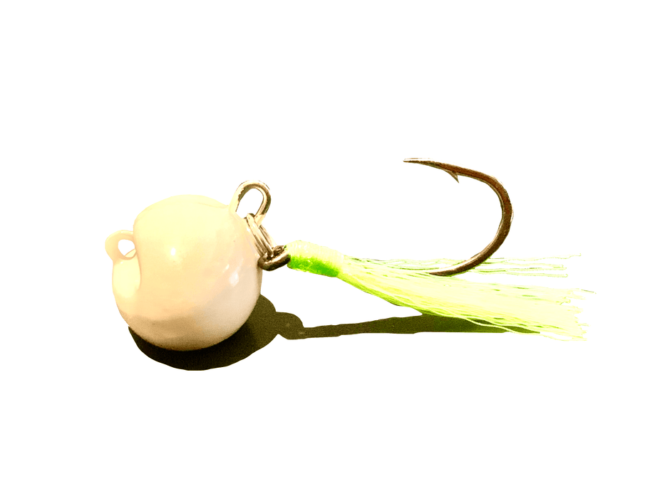 White / Chartreuse Swinging Pompano Jigger Fleas - elliottenvisions