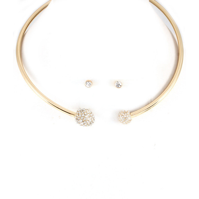 Gold Tone Pave Ball Ends Choker Necklace Set - Dazzle Her Now