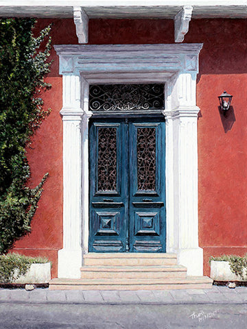Cyprus Blue Door, an oil painting by Theo Michael featured in the Cobalt Inflight Magazine