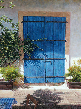 Blue Door In Summer Light an oil painting by Theo Michael featured in the Cobalt Inflight Magazine