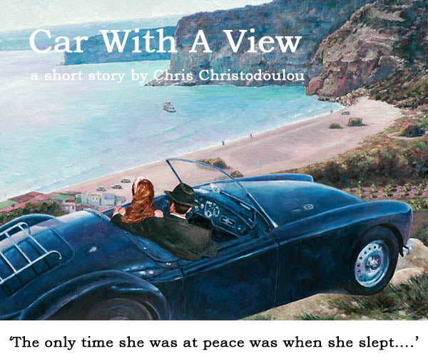 Car With A View, an original oil painting by Theo Michael, view over Kourion Bay, Limassol