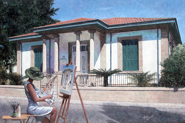 Mediterranean oil painting by Theo Michael, Artist At Her Easel