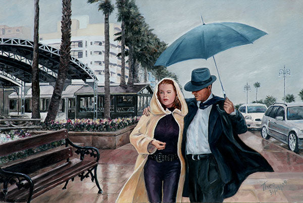 Art Noir paintings by Theo Michael, Strolling on the Promenade in Larnaca