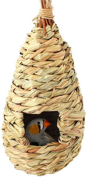 Large Hamildeyi Birdcage Straw Simulation Birdhouse 100% Natural Fiber Cozy Resting Breeding Place Shelter Hideaway from Predators with Bird Perch Stand Toy for Finch Canary