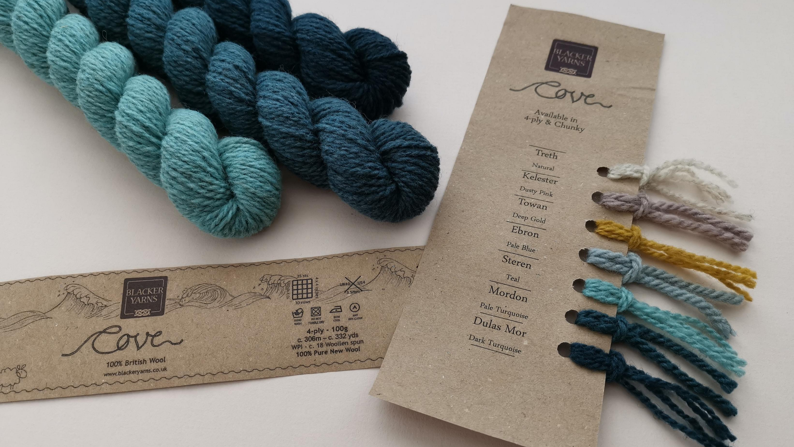 3 mini skeins of Cove Wool with shade card