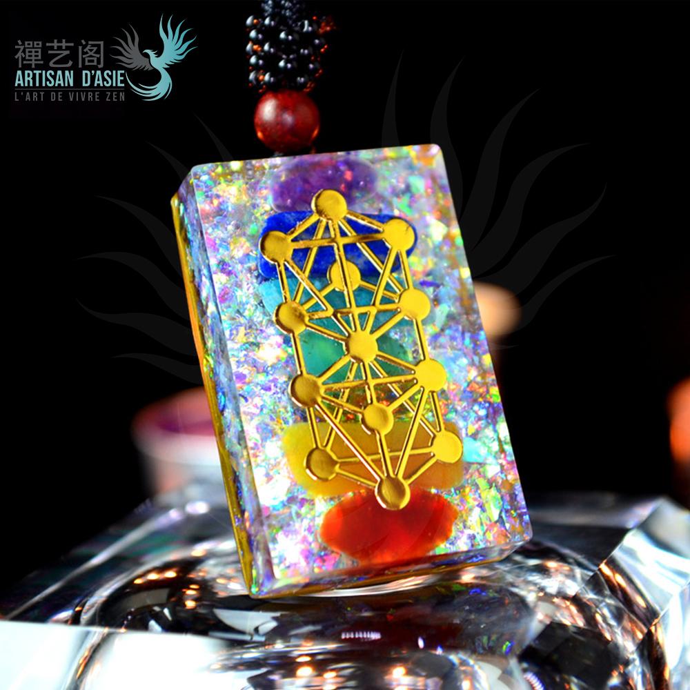 PENDENTIF 7 CHAKRAS EN RÉSINE COLORÉE ET CRISTAL