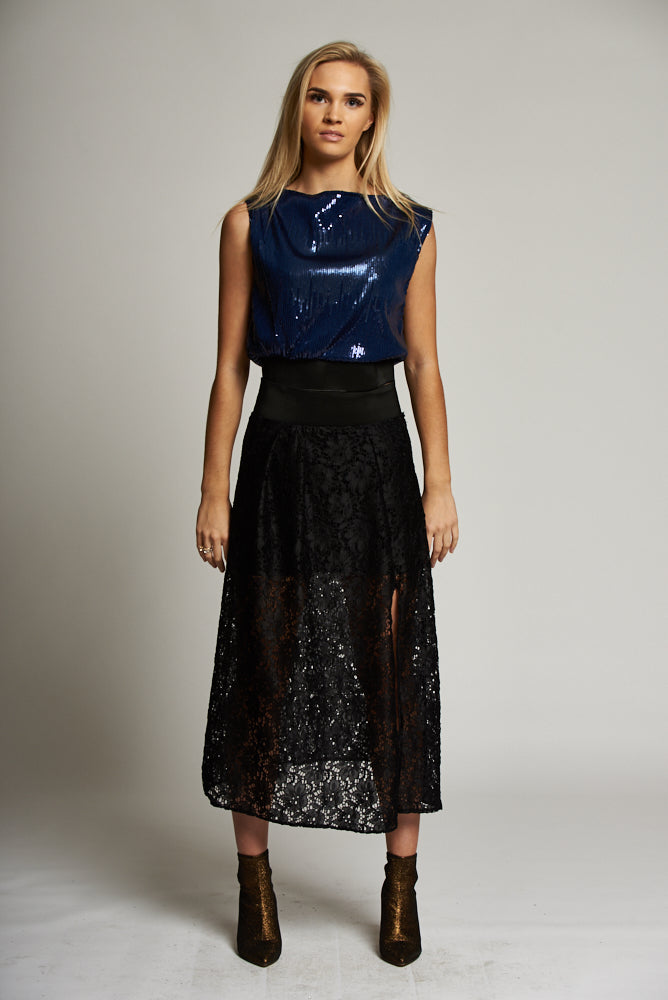 black lace a line skirt