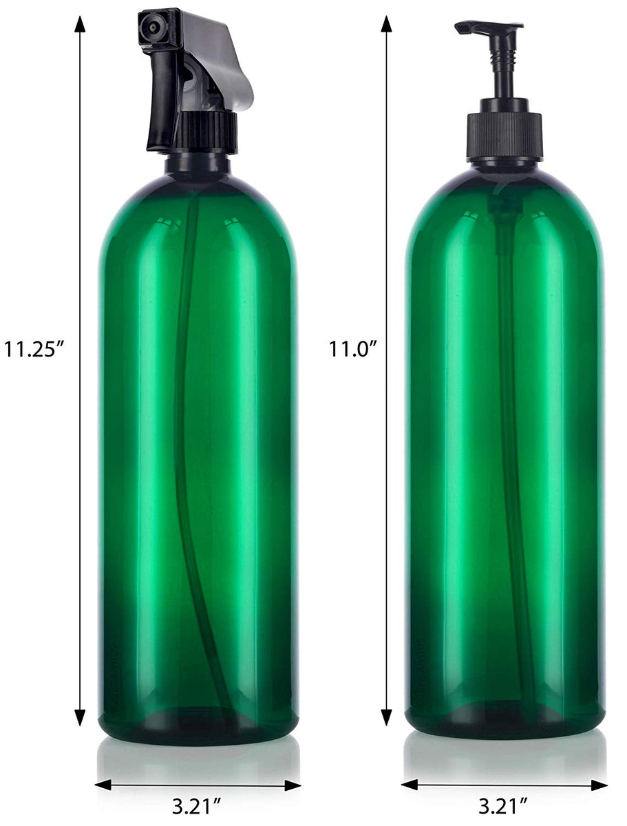 Green 32 oz Slim Cosmo PET Bottles (BPA Free) Lotion Pump and Trigger Spray  Set - 4 PACK