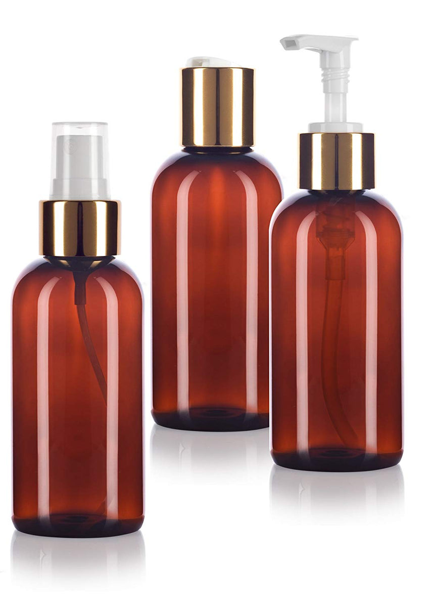 Download Amber 4 Oz 120 Ml Pet Plastic Bottle With Gold Closure 6 Pack Set 2 Fine Mist Sprayers 2 Lotion Pump Dispensers 2 Disc Caps Labels For Home Bath And Kitchen Display And Organization PSD Mockup Templates