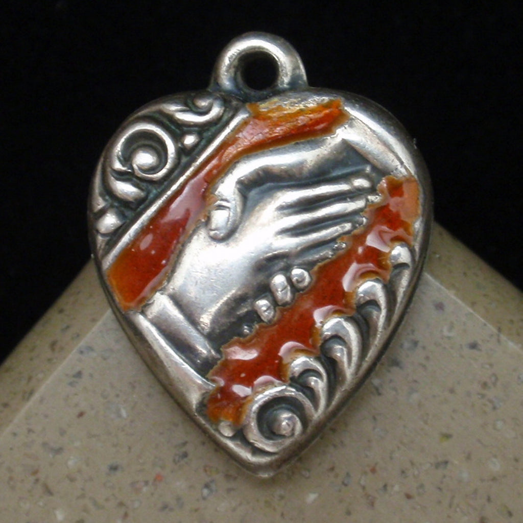 RED ENAMEL PUFFY HEART CHARM VINTAGE STERLING SILVER 