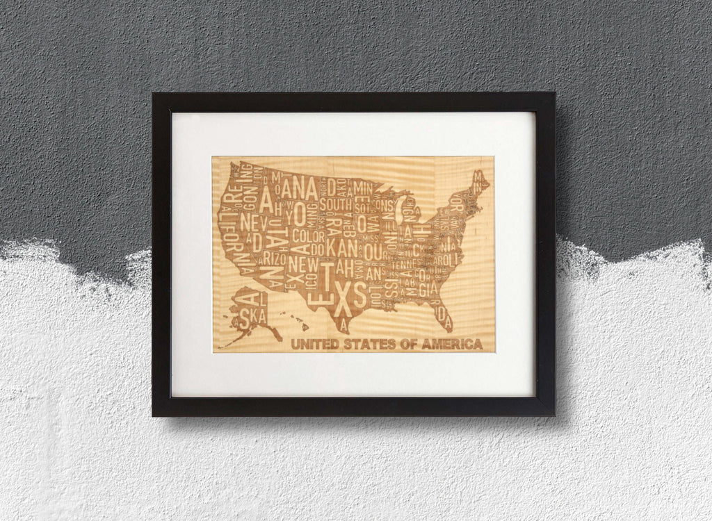 USA Map in words laser engraved from shimmering maple and framed 11" x 14"