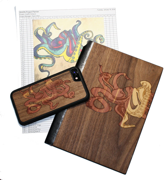 Jake Lindberg Launch - Wooden Journal and wooden iphone case - Graffiti Octopus