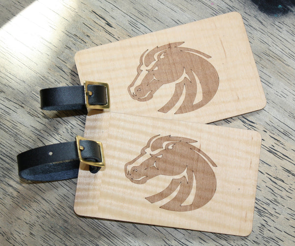 Slim wooden luggage tags pair BSU Boise State Broncos football laser-engraved