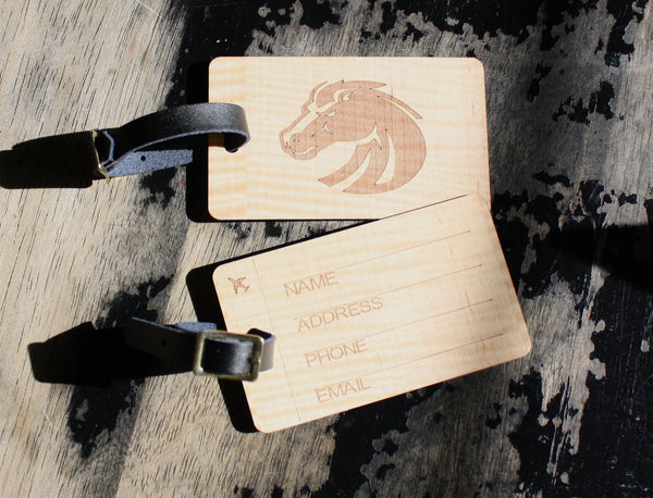 Slim wooden luggage tags pair BSU Broncos football laser-engraved