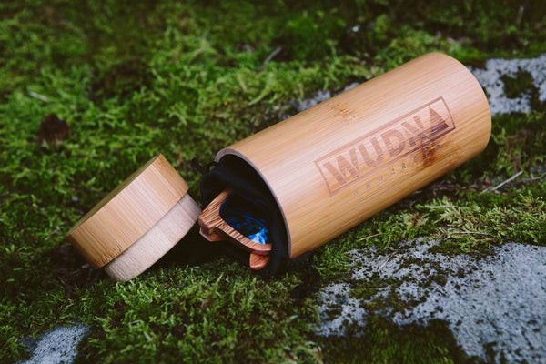 Wooden sunglasses and bamboo carrying case