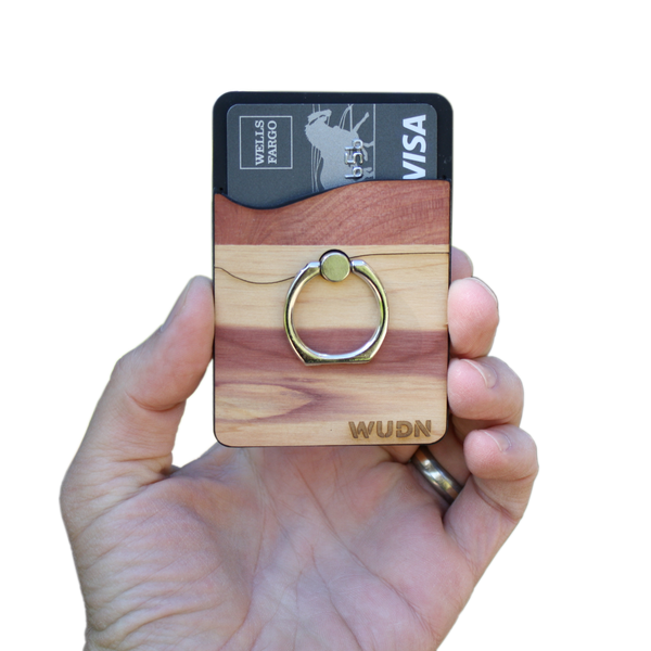 wooden ring phone holder with built-in wallet for credit cards cash on your phone
