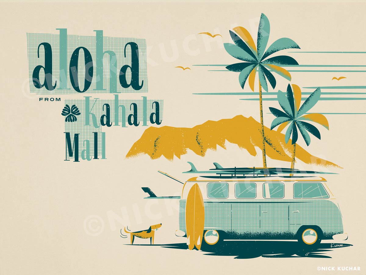 Nick Kuchar Vintage Hawaii Surf Illustration
