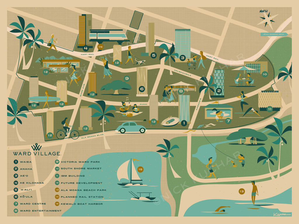 Nick Kuchar Vintage Map Illustration of Ward Village, Honolulu