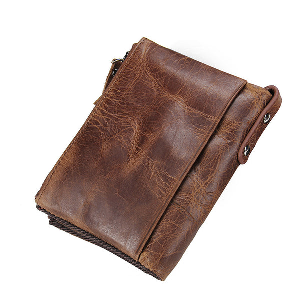 Crazy Horse Vintage Design 2-Zipper Fold Over Wallet