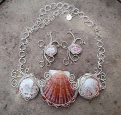 wire wrapped shell statement necklace and eye of Horus earrings