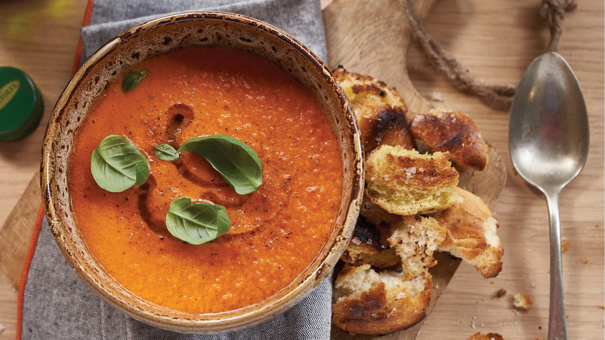 Tomato Soup with Homemade Olive Oil Croutons Recipe