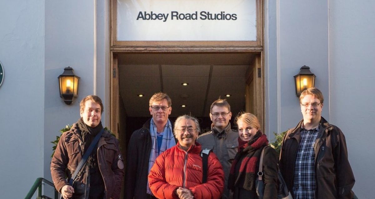Final Fantasy composer Nobuo Uematsu and the production team behind Final Symphony at Abbey Road