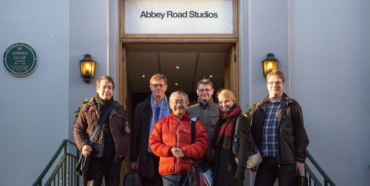 Final Symphony recording session at Abbey Road Studios, February 2015 — from left to right: Jonne Valtonen (arranger), Eckehard Stier (conductor), Nobuo Uematsu (godlike genius), Thomas Böcker (producer), Katherina Treutler (solo pianist) and Roger Wanamo (arranger)