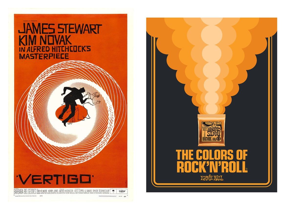 (Left) The movie poster for Hitchcock's Vertigo by Saul Bass; (right) "Ernie Ball - The Colors of Rock'N'Roll" poster by Aaron Draplin